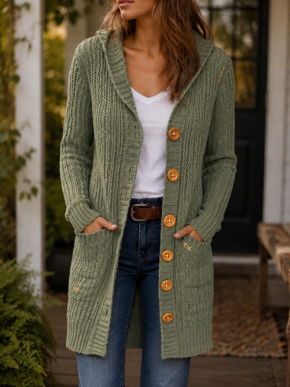 Project E Olive Green Hooded Button-Up Knit Cardigan
